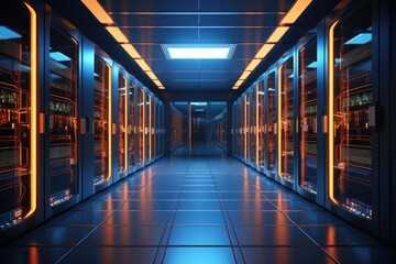 Poster - Server room data center. Datacenter hardware cluster. 3d render, server room data center with rows of server hardware. 3d rendering, AI Generated