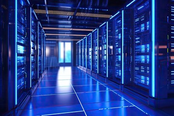 Poster - server room data center with hard drives and lights 3d rendering image, server room data center with rows of server hardware. 3d rendering, AI Generated