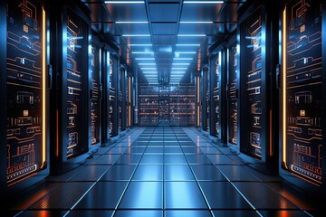 Poster - Server room data center. Datacenter hardware. Backup, mining, hosting, mainframe, farm and computer rack with storage information. 3d render, server room data center with rows, AI Generated
