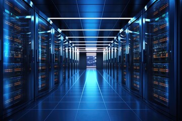 Poster - Server room data center. Datacenter hardware cluster. Backup, mining, hosting, mainframe, farm and computer rack with storage information. 3d render, Server room in data center, AI Generated