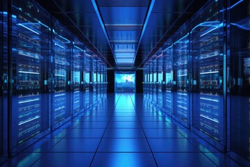 Poster - Server room data center. Blue toned. 3D Rendering, Server room in data center. 3d rendering. Computer digital image, AI Generated