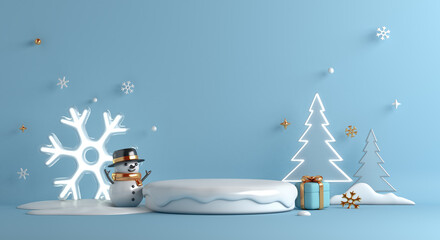 Wall Mural - Winter display podium background with neon snowflake, snowman, spruce trees, gift box cartoon style, 3d rendering illustration