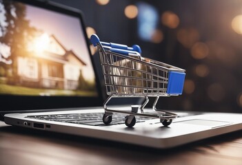 Shopping Cart Model and Laptop on Blurred Home Background Online Business and E-Commerce Concept