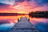Fototapeta  - Wooden pier on the lake at sunset. Beautiful summer landscape, Small boat dock and beautiful sunset landscape view with a huge lake, AI Generated