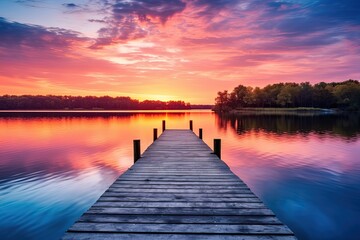 Poster - Wooden pier on the lake at sunset. Beautiful summer landscape, Small boat dock and beautiful sunset landscape view with a huge lake, AI Generated