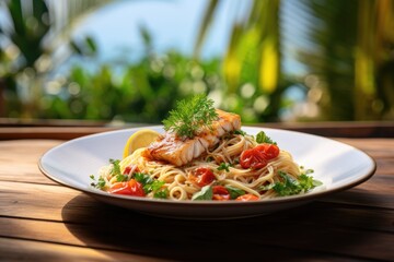 Spaghetti with salmon, tomatoes and parsley on a wooden table, Spaghetti with fish on a white plate with a blurred background, AI Generated