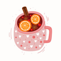 Wall Mural - Cute pink mug with fruit drink. Mulled wine. Cinnamon, oranges, berries, star anise for a winter drink. Vector isolated illustration.