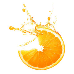 Wall Mural - Orange in juice splash isolated on a transparent background, Ripe orange fruit floating with a splash of orange juice. Generative AI