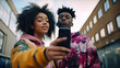 Cheerful modern beautiful young teenage couple hugging standing outdoor, taking a selfie. African American guy and Caucasian girl generation z. technology and youth concept. ai