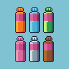 Fototapete - Pixel art sets of bottle glass with variation color item asset. Simple bits of drink bottle pixelated style. 8bits perfect for game asset or design asset element for your game design asset.