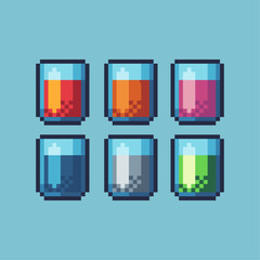 Poster - Pixel art sets of juice drink glass with variation color item asset. Simple bits of glass of juice pixelated style. 8bits perfect for game asset or design asset element for your game design asset.