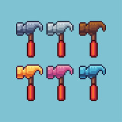 Fototapete - Pixel art sets of hammer tools with variation color item asset. Simple bits of hammer pixelated style. 8bits perfect for game asset or design asset element for your game design asset.