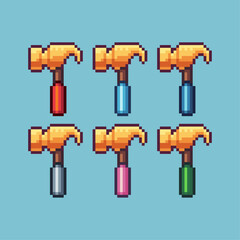 Poster - Pixel art sets of gold hammer tools with variation color item asset. Simple bits of golden hammer pixelated style. 8bits perfect for game asset or design asset element for your game design asset.