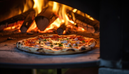 Pizza close-up, blurred background with flames from the wood-fired oven, dreamy atmosphere