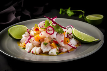 Wall Mural - Delicious shrimp ceviche with vegetables, spices and lime