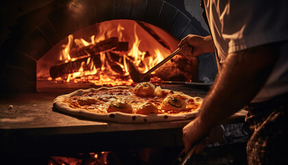 Rustic wood-fired pizza with bubbling mozzarella cheese and intense orange glow from the flames