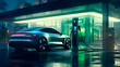 An electric car recharges at a charging station in an advertising photo for eco-friendly companies. Generative AI