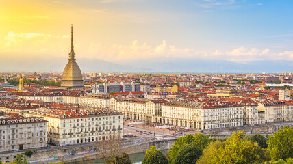 Wall Mural - Turin, Italy. View from above on the city and the Mole Antonelliana at sunset. 2023-09-01.