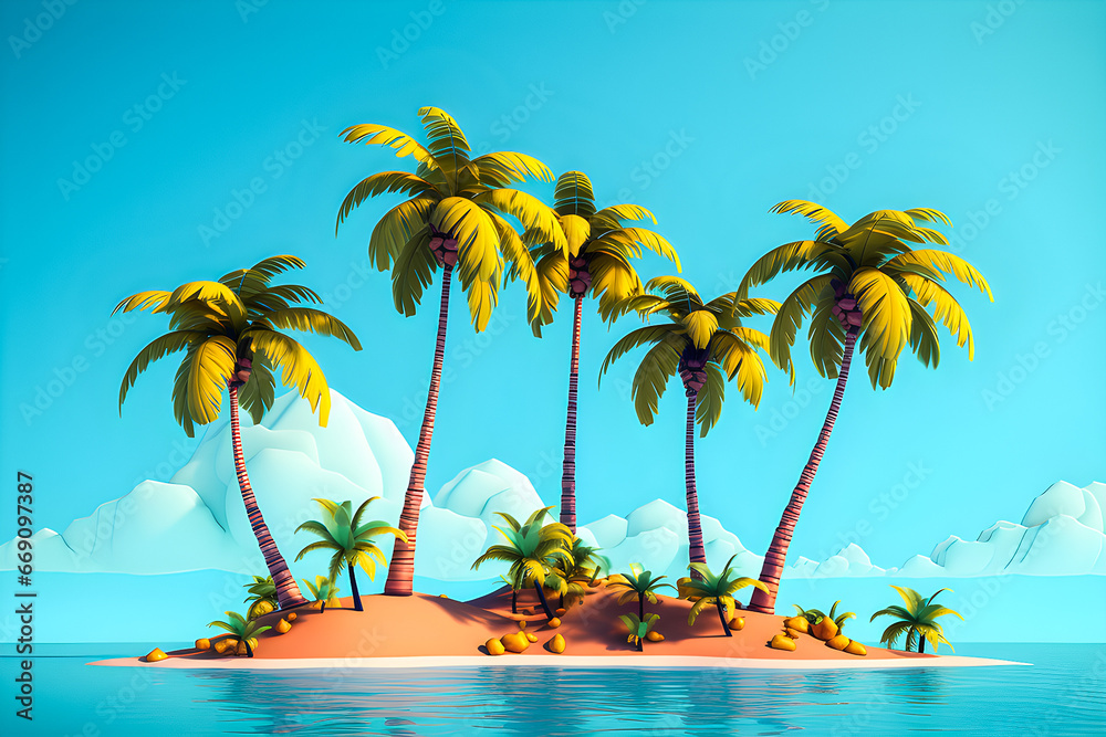3D illustration of an uninhabited tropical island with palm trees in ...