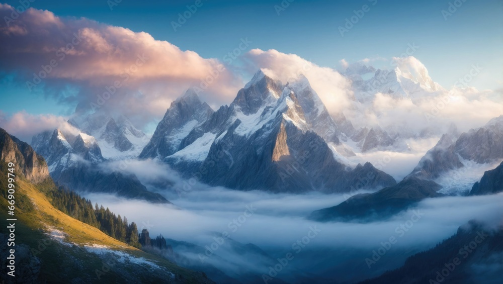 Stunning alpine landscape showcases towering snow-capped peaks beneath ...