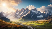 Dazzling Sunlight Bathes A Majestic Mountain Range, Casting Brilliant Reflections Over Lush Meadows Dotted With Red Blooms. Icy Peaks Rise Sharply, Surrounded By Fluffy Clouds And Serene Valleys.