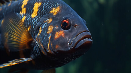 Sticker - Oscar fish Astronotus ocellatus huge cichlid close up photo on biotope