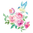 水彩で描いた青い鳥とピンクのバラのイラスト