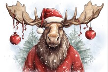 Hand Drawn Christmas Moose With Funny Ornaments. Festive Party Animal Illustration For Invitations Or Cards In A Holiday- Themed Background
