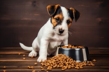 A cute and hungry puppy sits eagerly at his food bowl in anticipation of a delicious meal at home.