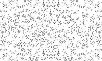 Poster - Abstract decorative doodles seamless pattern. Simple geometric shape background, doodle frames, line curved arrow, pointing arrow, funny symbol, fun basic shape seamless pattern background. 