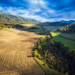 Wall Mural - Scenic drone shot of agricultural landscape and mountain ranges in Altai Republic