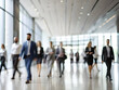 © AI - Long exposure shot of crowd of business people walking in bright office lobby fast moving with blurry, Generative AI