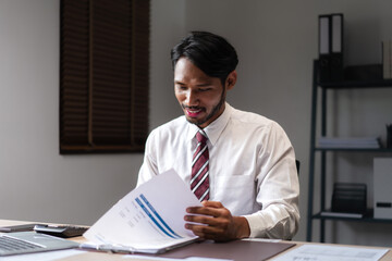 Wall Mural - Businessman checking marketing document and analyzing strategy of new startup business project