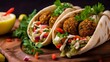 Authentic fresh falafel balls inside of two halves of pita bread sandwich with chopped salad, red hot peppers, lemon, a drizzle of tahini sauce. chickpea falafel in a fluffy pita on a wooden board