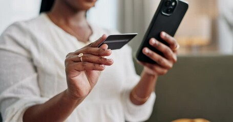 Aufkleber - Woman, credit card and hands with phone for ecommerce payment, online shopping and fintech at home. Closeup, mobile banking and finance for sales, password and code for wealth to upgrade subscription