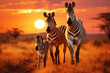 Mother and baby zebra walking together through the savana at sunset