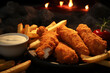 Fried chicken tenders or strips with sauces and fries