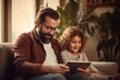 © Romana - parent child boding time: happy father and daughter sitting on a couch and watching or reading something on a tablet together, warm cozy atmosphere indoors
