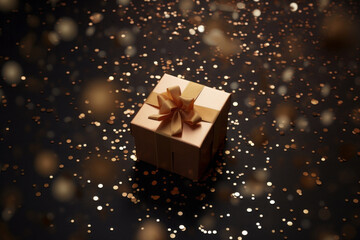 Wall Mural - Golden gift or present box and flying confetti on brown background. Greeting card for Christmas or Birthday.