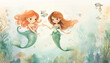 zwei Meerjungfrauen die Freundinnen sind mit Wasserfarben gemalt für kleine Kinder in einer Unterwasserwelt in zarten farben in grün und gelb Tönen