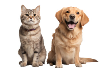 Wall Mural -  a quality stock photograph of a beautiful happy cat and dog standing next to each other isolated on a white or transparant background