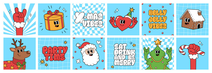 Wall Mural - Merry Christmas groovy funny cartoon posters. Santa Claus, Christmas tree, coffee and ball in trendy funky retro cartoon style. Greeting square cards, template, posters, prints and backgrounds.