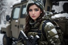  A Beautiful Army Solider Girl With Guns, Wearing Winter Costume Military Fatigues With Snow 
