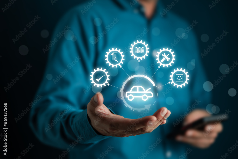 Car Service concept and technology on virtual screen, Serviceman ...