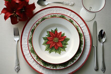 Christmas Dinner Table Setting With Red Flower, Top View