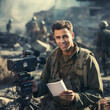 War reporter recording a news report from a war zone.
