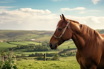 Poster -  a large brown horse standing on top of a lush green field next to a lush green field with lots of green grass and a blue sky with clouds in the background.  generative ai