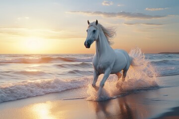 Poster -  a white horse running on the beach at sunset with the sun reflecting off the water and the waves crashing on the beach and the horse is in the foreground.  generative ai