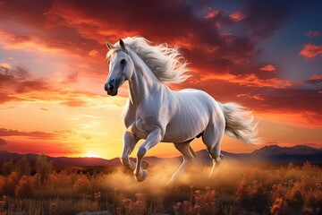 Poster -  a painting of a white horse running in a field with a sunset in the back ground and a mountain range in the foreground with red clouds and yellow grass.  generative ai