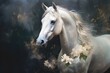  a painting of a white horse with flowers in it's mane, with a black background and a white horse with long mane and white flowers in it's mane.  generative ai